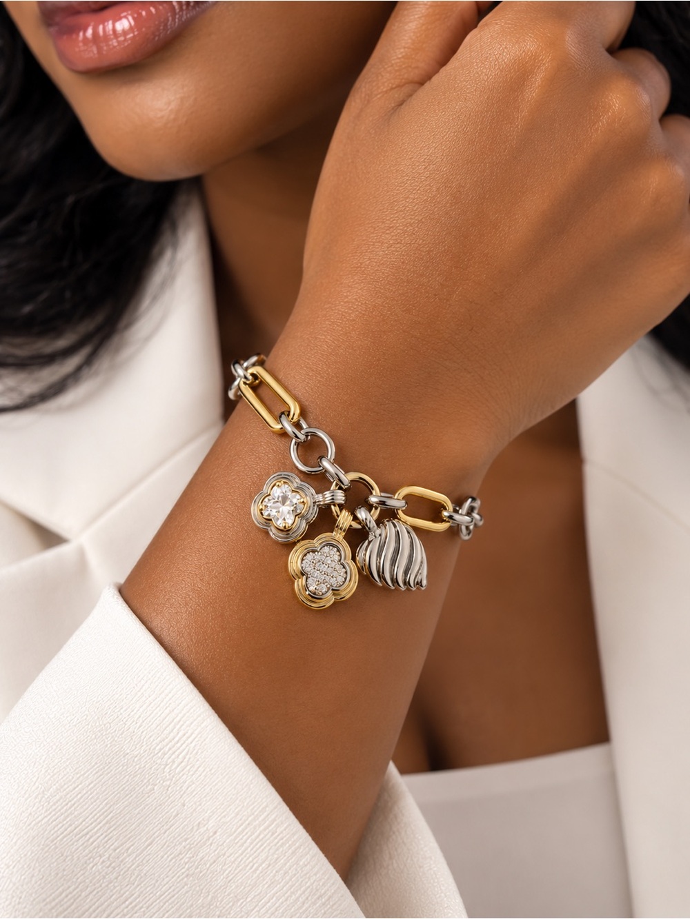Two-Tone Silver & Gold Charm Bracelet - Floral & Shell Charms. 6-8 Inches